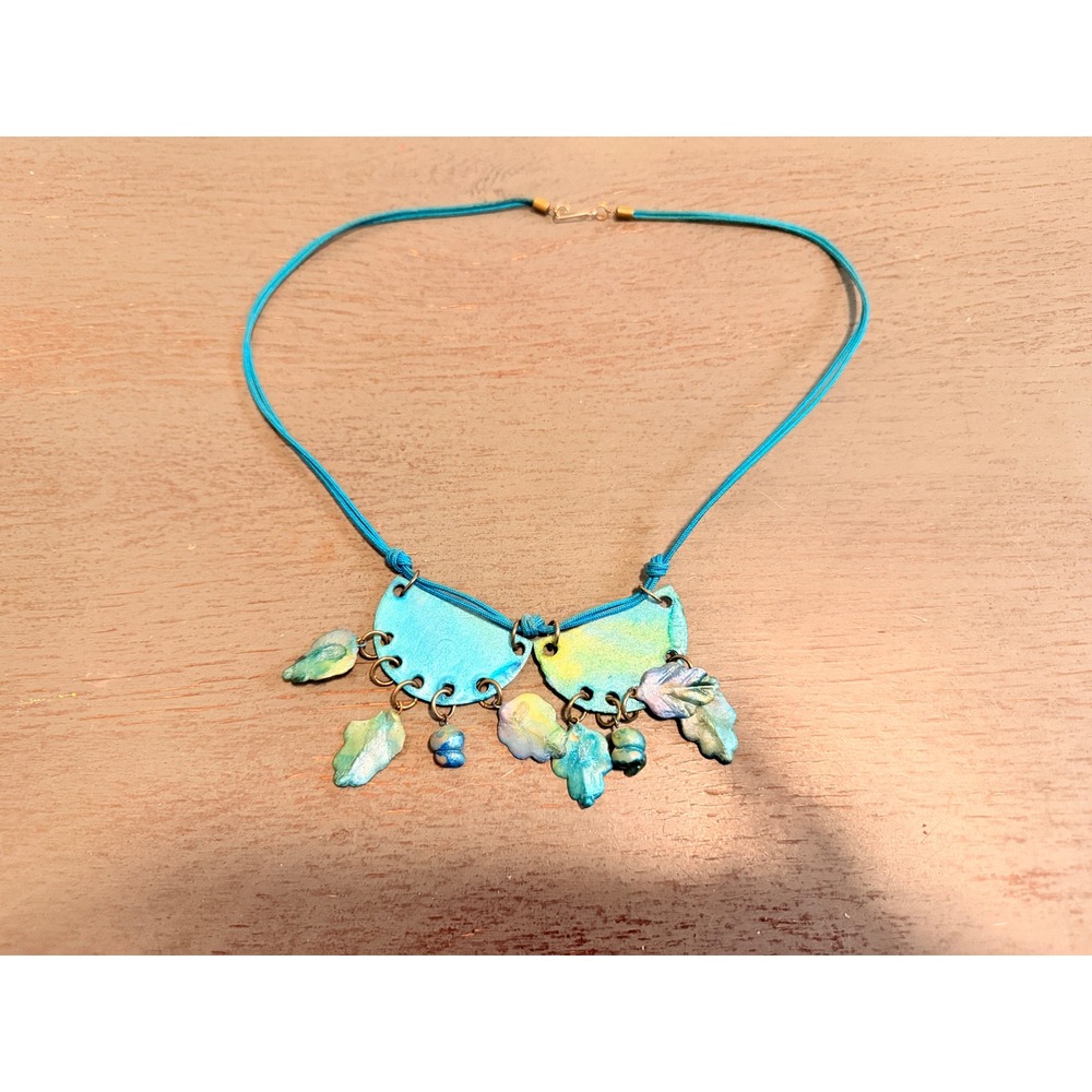 Vintage Artisan Teal Iridescent Leaf Charm Statement Necklace Boho Corded Clasp